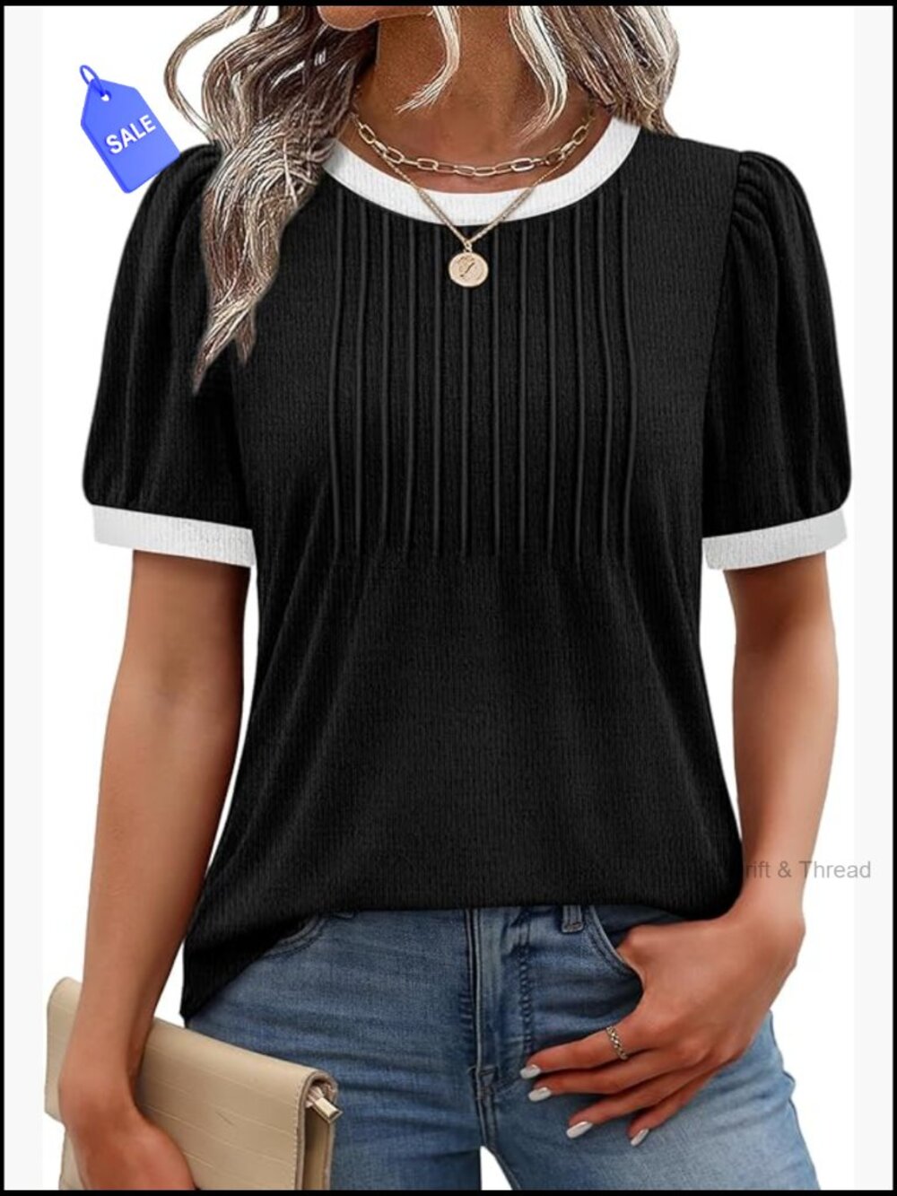 Lightweight Polyester Blend Tunic Top with Pleated Front and Puff Sleeves